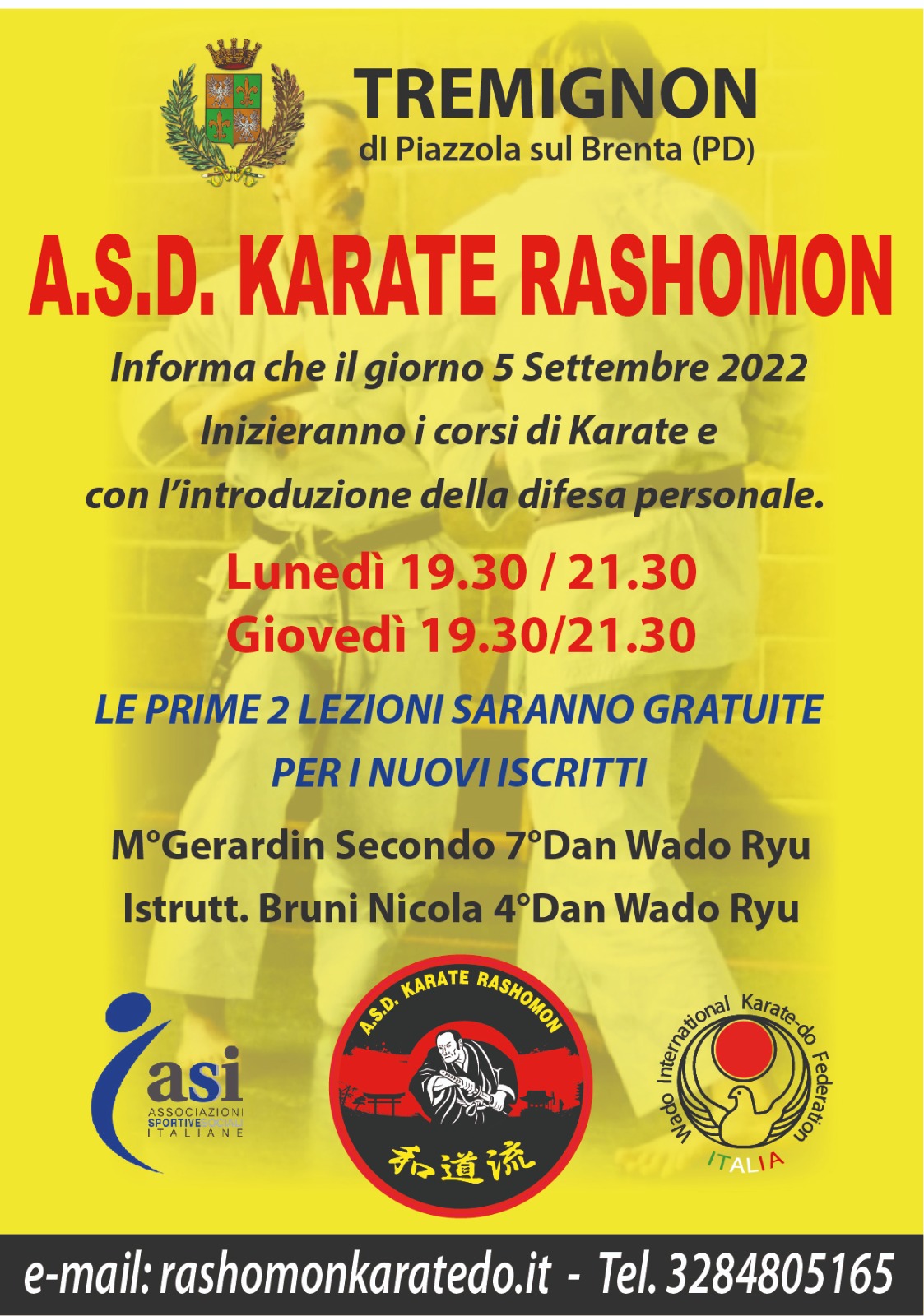 dal 5 settembre 2022 sono aperte le iscrizioni per i corsi di karate il lunedì e giovedi presso la palestra di tremignon di piazzola sul brenta padova